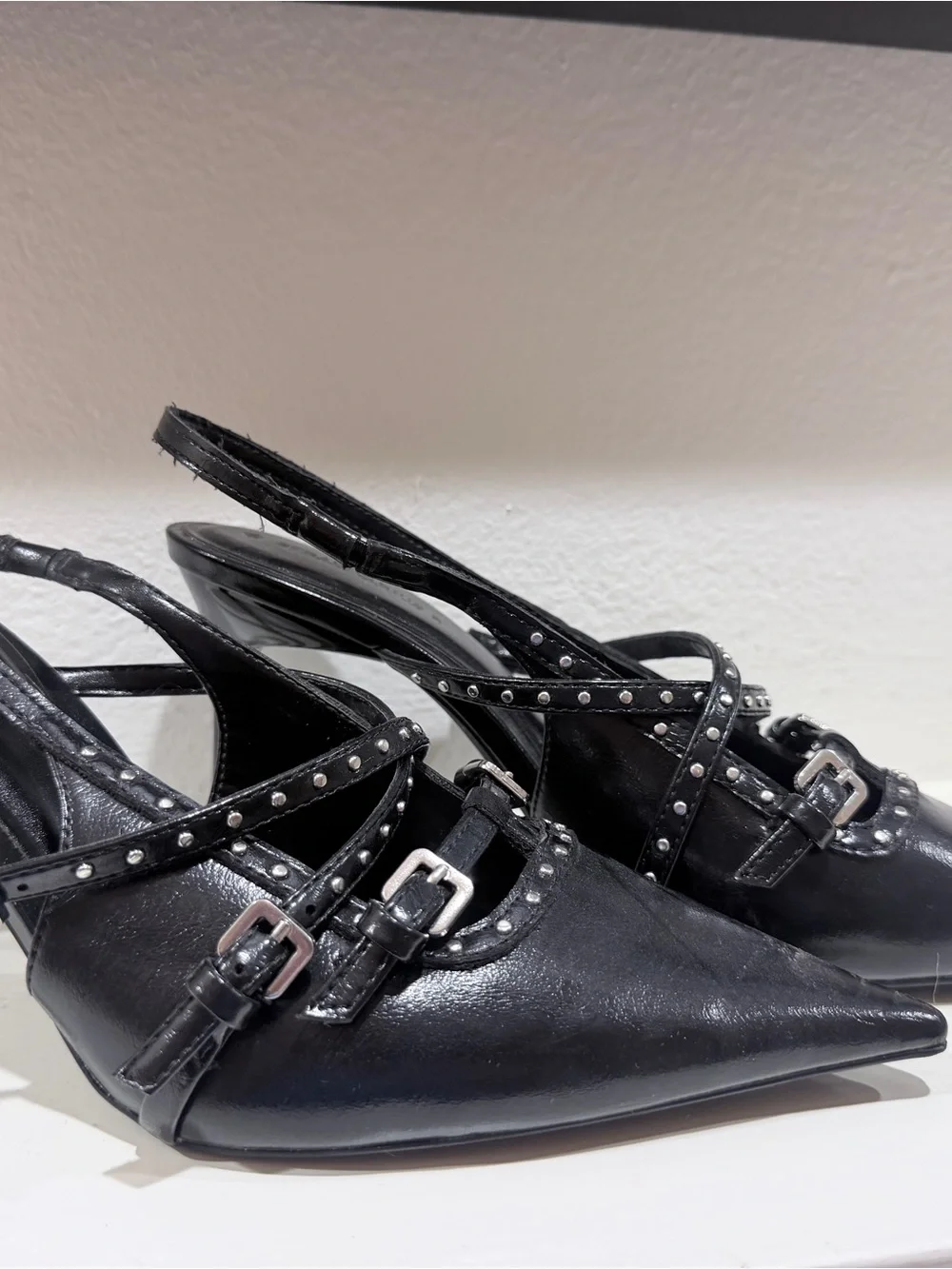 stradivarius Black Studded Pointed Slingback Heels with Buckle